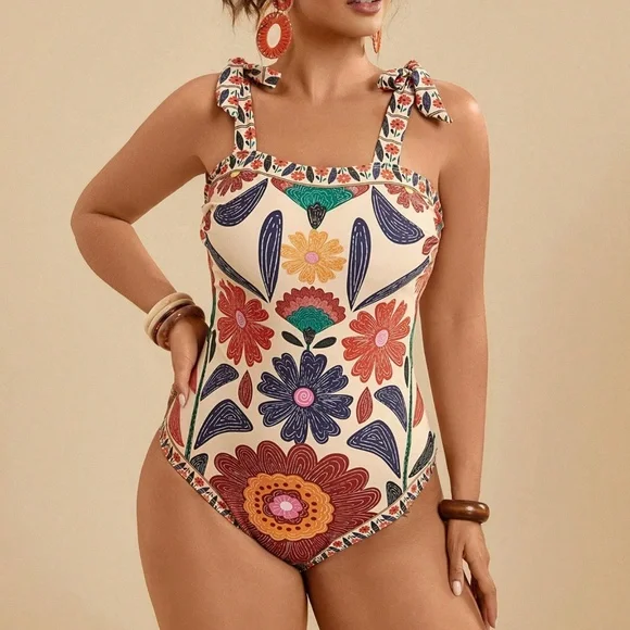 Plus Floral Print Shoulder Tie Multicolor One Piece Monokini Swimsuit - Picture 2 of 4